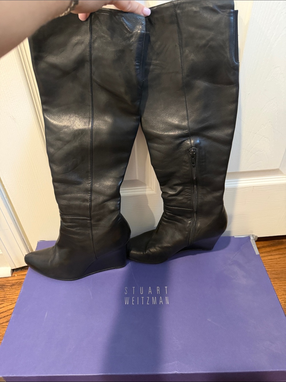 Stuart Weitzman Black Leather Knee-High Wedge Boots